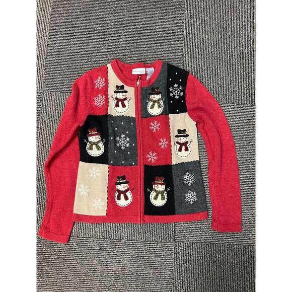 Festive Snowman Patchwork Christmas Sweater with Zip Front Red Holiday Design - Picture 1 of 6